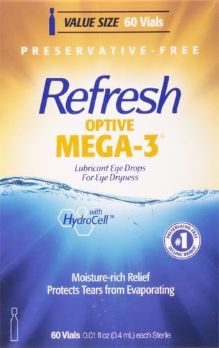 Refresh Optive MEGA-3 Lubricant Eye Drops Preservative-Free Artificial Tears, 0.01 fl oz (0.4 mL), 60 Single-Use Containers (Pack of 2)