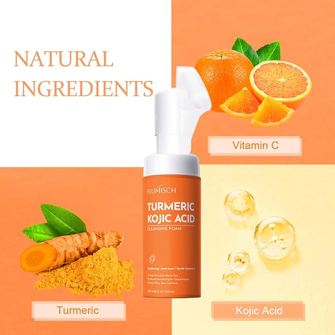 Turmeric Kojic Acid Foaming Facial Cleanser, Kojic Acid And Turmeric Exfoliating Face Wash With Brush