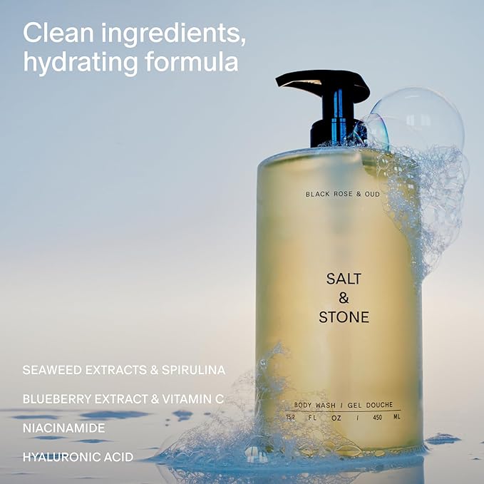 Salt & Stone Body Wash for Women & Men | Black Rose & Oud | Hydrating Gel Cleanser | Clean & Soften Skin | Made with Niacinamide & Hyaluronic Acid | Free From Parabens, Sulfates & Pthalates 15.2 fl oz