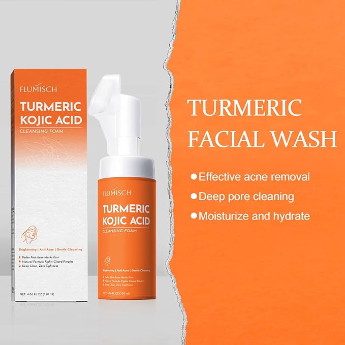 Turmeric Kojic Acid Foaming Facial Cleanser, Kojic Acid And Turmeric Exfoliating Face Wash With Brush