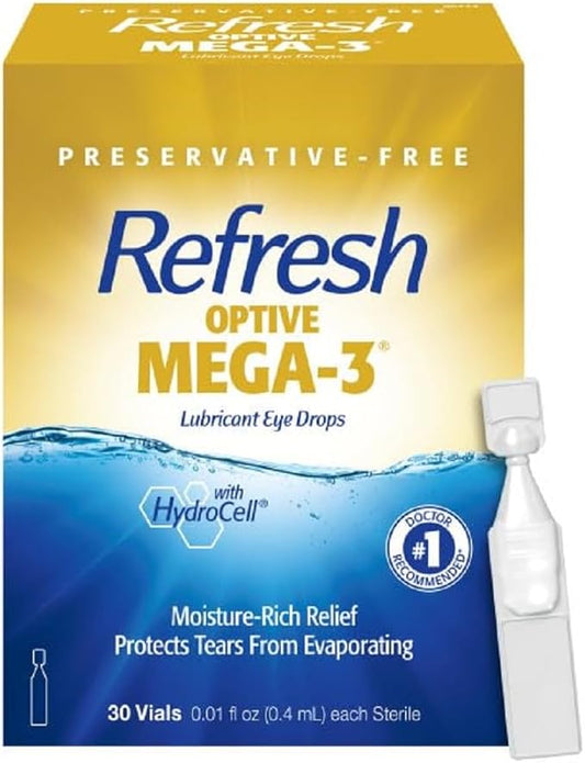 Refresh Optive MEGA-3 Lubricant Eye Drops Preservative-Free Artificial Tears, 0.01 fl oz (0.4 mL), 30 Single-Use Containers