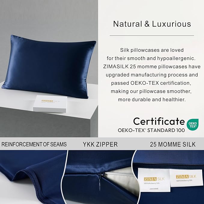 ZIMASILK 25 Momme 100% Pure Mulberry Silk Pillowcase for Hair and Skin Heath, Best Gift Choice, Highest Grade 6A Silk, 900 Thread Count, 1Pc (Standard 20''x26'', Navy Blue)
