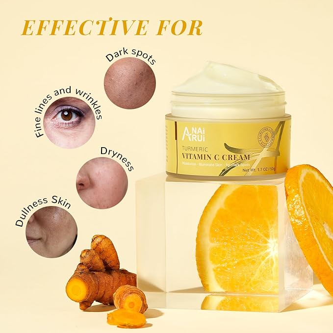 ANAI RUI Vitamin C Face Moisturizer with Turmeric, Anti-Aging Facial Cream for Dull, Dry Skin, Reduces Wrinkles, Evens Skin Tone, Hydrating & Nourishing, 1.7 OZ