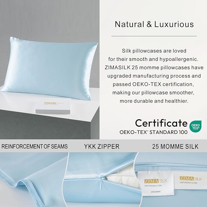ZIMASILK 25 Momme 100% Pure Mulberry Silk Pillowcase for Hair and Skin Heath, Best Gift Choice, Highest Grade 6A Silk, 900 Thread Count, 1Pc (Queen 20''x30'', Light Blue)
