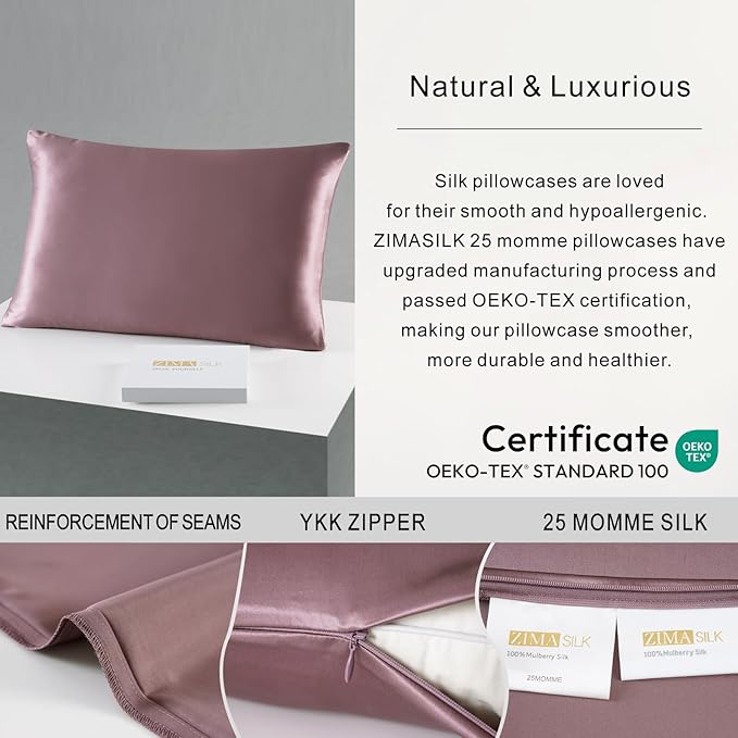 ZIMASILK 25 Momme 100% Pure Mulberry Silk Pillowcase for Hair and Skin Heath, Best Gift Choice, Highest Grade 6A Silk, 900 Thread Count, 1Pc (Standard 20''x26'', Grey Purple)