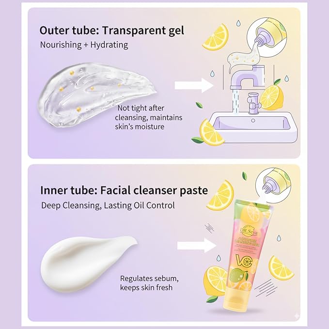 Vitamin C Double Tube Face Wash – 2025 New Aquafree Dual Cream Facial Cleanser with Amino Acid, Gentle Makeup Removal, 3.53oz