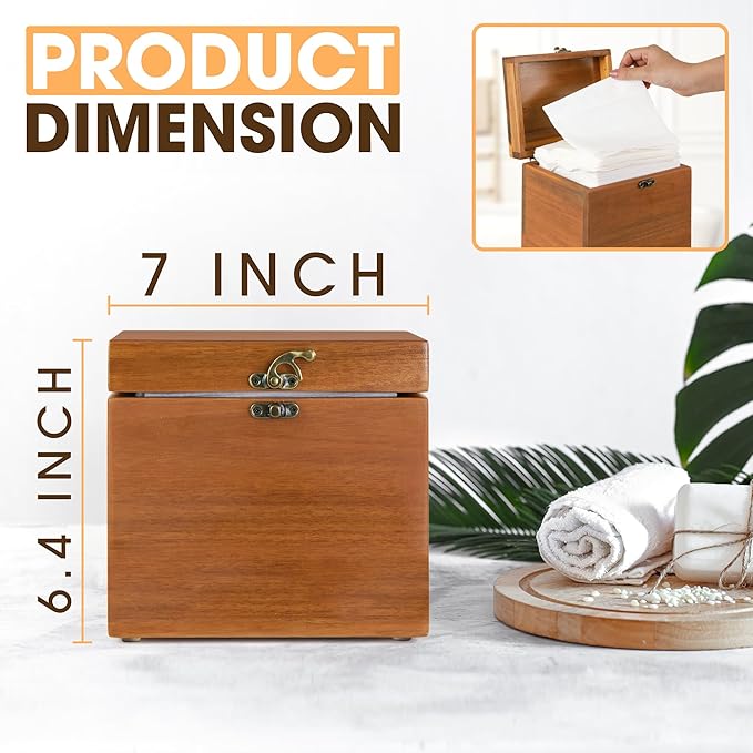 Acacia Box for 50 Disposable Clean Skin Towels XL (Towels NOT Included), Wooden Container for Face Towelettes Bathroom Counter Storage, Stone Bin for Cleansing Facial Dry Wipes