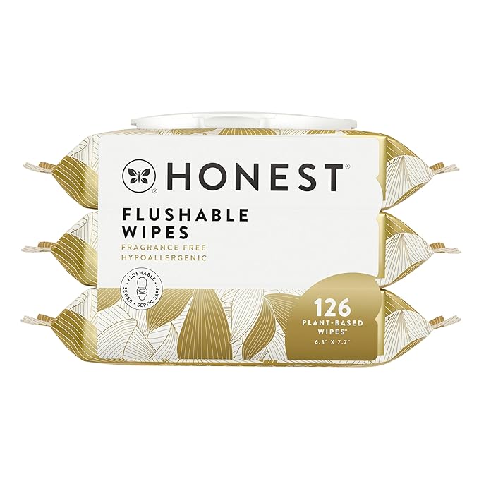 The Honest Company Flushable Wipes for Sensitive Skin, Fragrance-Free Hypoallergenic pH-Balanced Feminine Wipes, 99% Water Safe-to-Flush Wipes, Gilded Wings, 126 Count
