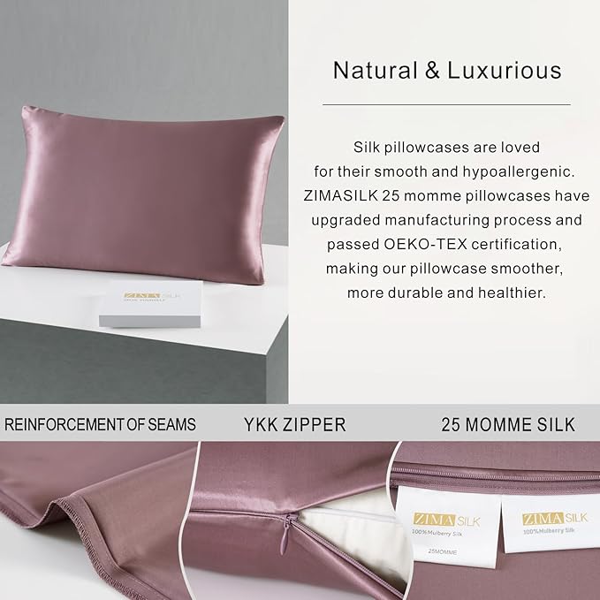 ZIMASILK 25 Momme 100% Pure Mulberry Silk Pillowcase for Hair and Skin Heath, Best Gift Choice, Highest Grade 6A Silk, 900 Thread Count, 1Pc (Queen 20''x30'', Grey Purple)