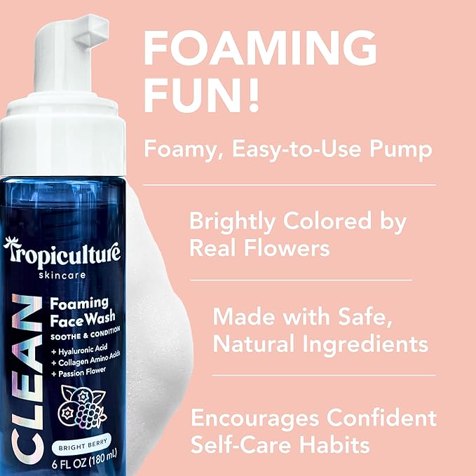 Tropiculture Clean Foaming Face Wash for Teens, Tweens & Kids | Gentle Face Cleanser for Girls | Bright Berry Hydrating Facial Cleanser | Natural, Non Toxic Skin care for Teens | Moisturizing