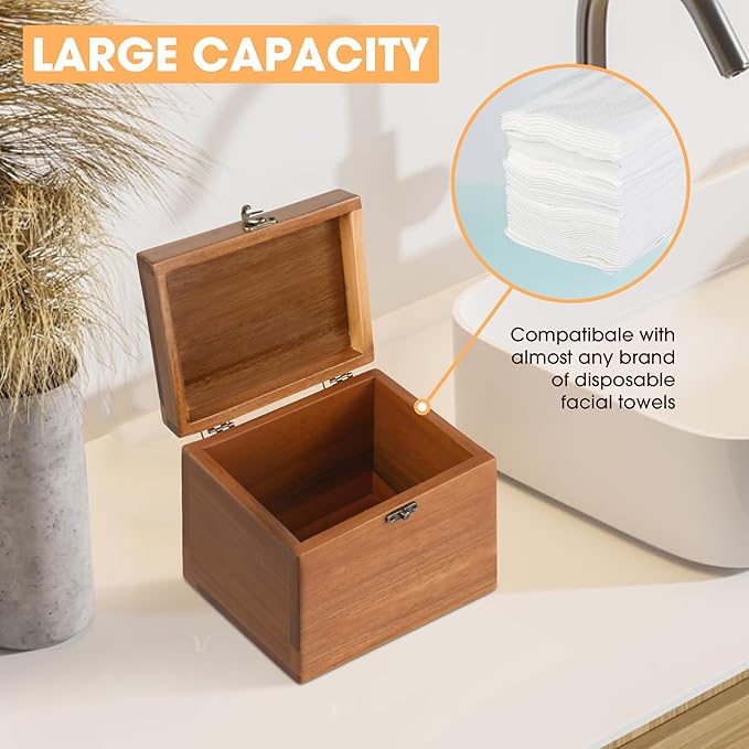 Acacia Box for 50 Disposable Clean Skin Towels XL (Towels NOT Included), Wooden Container for Face Towelettes Bathroom Counter Storage, Stone Bin for Cleansing Facial Dry Wipes