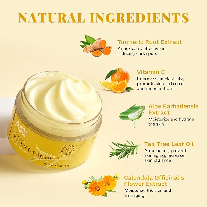ANAI RUI Vitamin C Face Moisturizer with Turmeric, Anti-Aging Facial Cream for Dull, Dry Skin, Reduces Wrinkles, Evens Skin Tone, Hydrating & Nourishing, 1.7 OZ