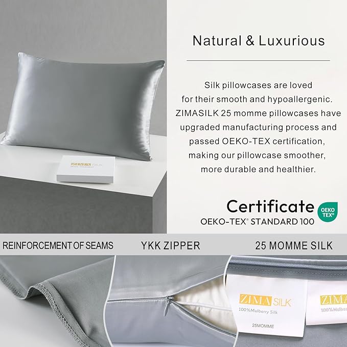 ZIMASILK 25 Momme 100% Pure Mulberry Silk Pillowcase for Hair and Skin Heath, Best Gift Choice, Highest Grade 6A Silk, 900 Thread Count, 1Pc (Standard 20''x26'', Iron Gray)