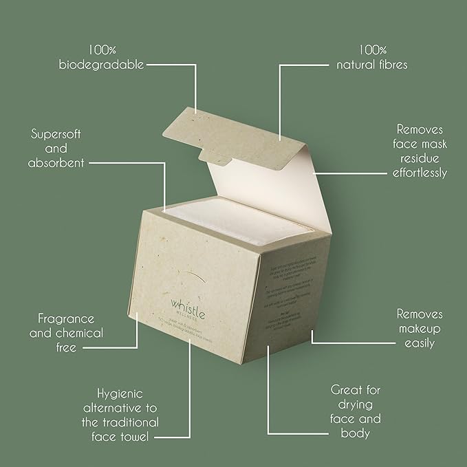 Whistle Wellness® Disposable Face Towel 10"×12", Resealable Box, Biobased Plant Based Ultra Soft, Thickness Face Towelettes XL, Makeup Remover Dry Wipes for Sensitive Skin, 50 Count (1 Pack)