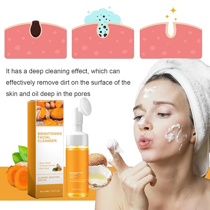 2PCS Turmeric Face Wash with Brush, Turmeric Foaming Facial Cleanser for All Skin
