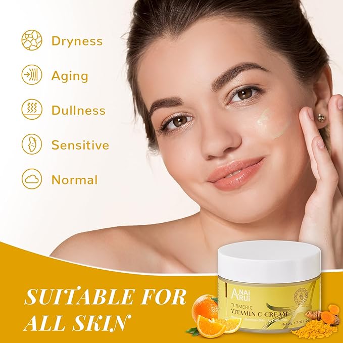 ANAI RUI Vitamin C Face Moisturizer with Turmeric, Anti-Aging Facial Cream for Dull, Dry Skin, Reduces Wrinkles, Evens Skin Tone, Hydrating & Nourishing, 1.7 OZ