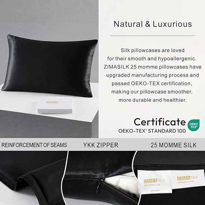ZIMASILK 25 Momme 100% Pure Mulberry Silk Pillowcase for Hair and Skin Heath, Best Gift Choice, Highest Grade 6A Silk, 900 Thread Count, 1Pc (Standard 20''x26'', Black)