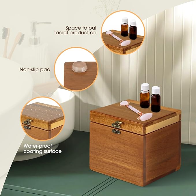 Acacia Box for 50 Disposable Clean Skin Towels XL (Towels NOT Included), Wooden Container for Face Towelettes Bathroom Counter Storage, Stone Bin for Cleansing Facial Dry Wipes