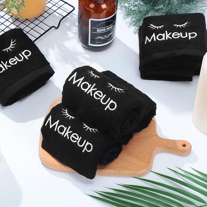 Shimeyao 13x13 Inch Makeup Washcloths Reusable Makeup Remover Cloths Facial Cleansing Towels Cotton Cosmetic Towel Water Absorbent Cloth Face Towels for Women Skin Care, Black(12 Pcs,Classic Style)