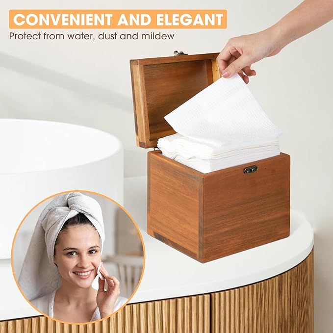 Acacia Box for 50 Disposable Clean Skin Towels XL (Towels NOT Included), Wooden Container for Face Towelettes Bathroom Counter Storage, Stone Bin for Cleansing Facial Dry Wipes