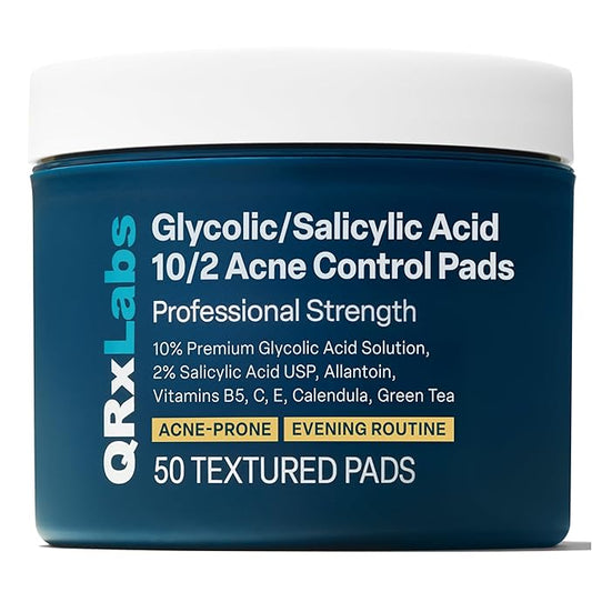 QRxLabs Salicylic & Glycolic Acid Pads (2% Salicylic & 10% Glycolic) - 50 Count Jar - Exfoliating Pads for Acne & Bacne Treatment with Vitamins B5, C & E & Calendula & Green Tea