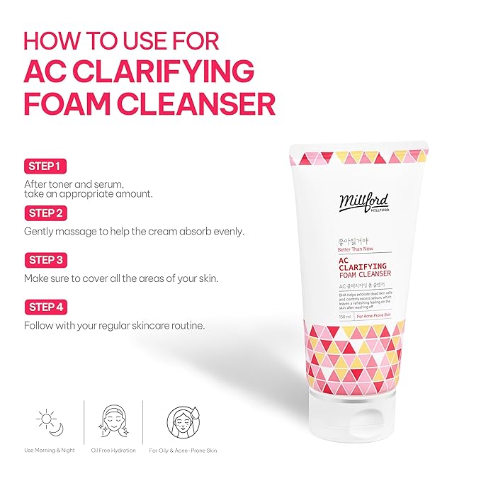 AC Clarifying Foam Cleanser 150ml/5.1 fl.Oz, Daily Facial Cleanser for Oily Skin, Unscented, Salicylic Cleanser, BHA, Korean Skincare
