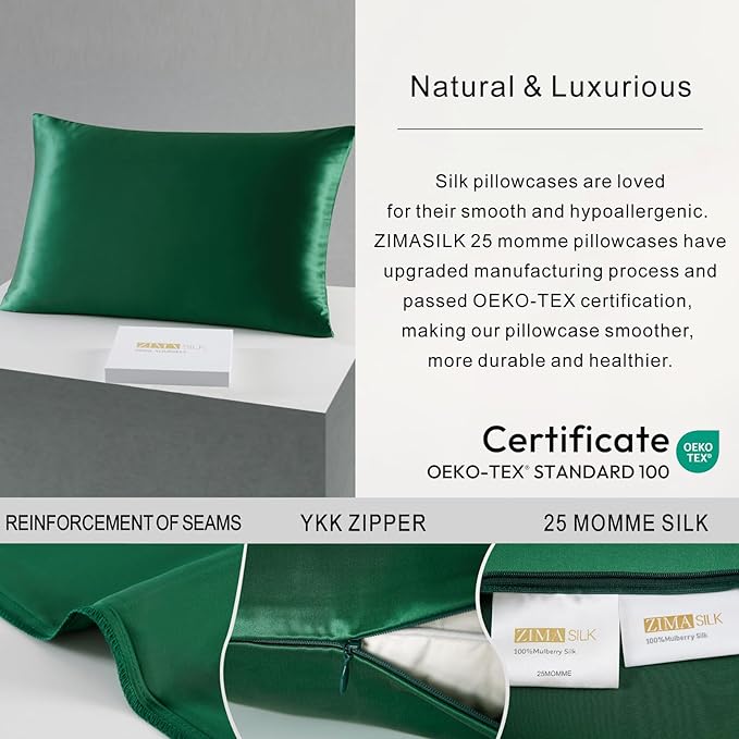 ZIMASILK 25 Momme 100% Pure Mulberry Silk Pillowcase for Hair and Skin Heath, Best Gift Choice, Highest Grade 6A Silk, 900 Thread Count, 1Pc (Standard 20''x26'', Blackish Green)