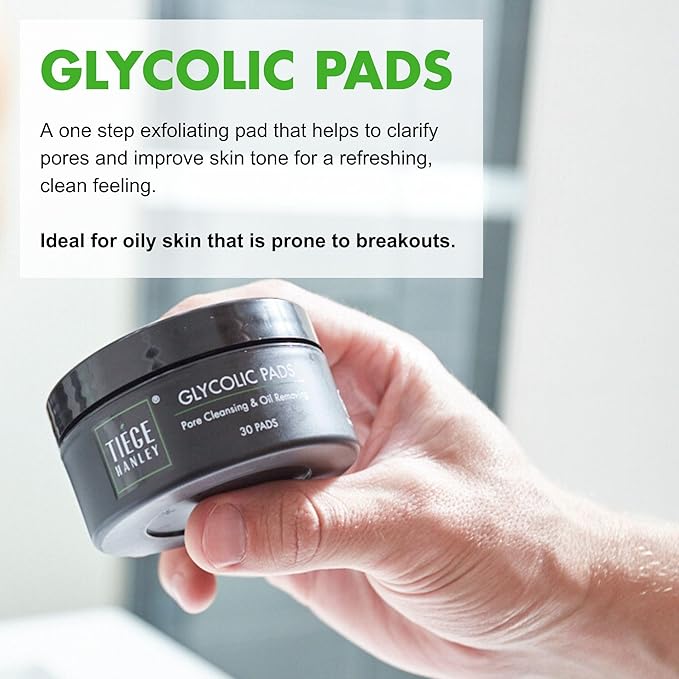 Tiege Hanley Glycolic Acid Pads for Men, 1-Pack - Exfoliating Face Cleansing Pads for Forehead, Nose & Cheeks - Men's Daily Skin Care Facial Wipes.18.5% Acid Complex (Glycolic, Salicylic & Lactic).