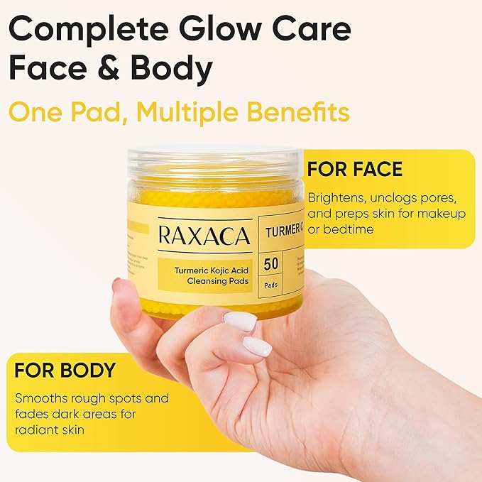 Turmeric Kojic Acid Cleansing Pads, 50 Pcs Kojic Acid And Turmeric Cleansing Pads for All Skin Types, Exfoliating Cotton Rounds, Dark Spots Remover for Face, Deep Clean Pores