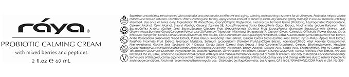 Raya Probiotic Calming Cream (309) | Moisturizing, Anti-Aging, and Calming Face Cream for Sensitive, Irritated, and Mature Skin | Soothes Over-Reactive Skin and Helps Reduce Fine Lines and Wrinkles