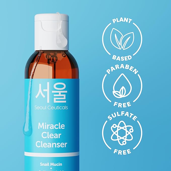 SeoulCeuticals Korean Acne Snail Cleanser Face Wash - Snail Mucin, Salicylic Acid & Tea Tree Acne Treatment for Sensitive Skin & K Beauty Glow 4oz