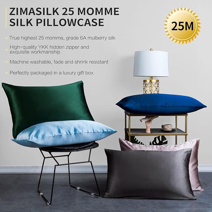 ZIMASILK 25 Momme 100% Pure Mulberry Silk Pillowcase for Hair and Skin Heath, Best Gift Choice, Highest Grade 6A Silk, 900 Thread Count, 1Pc (Standard 20''x26'', Iron Gray)