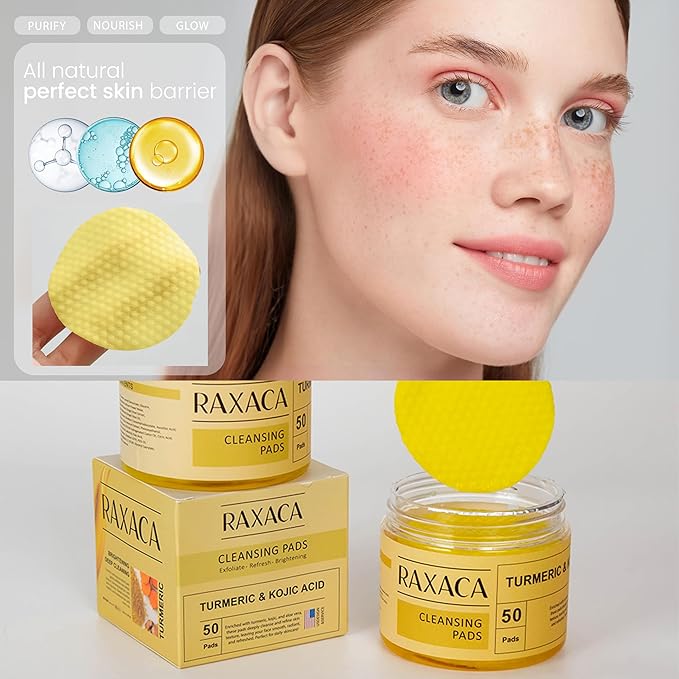 Turmeric Kojic Acid Cleansing Pads, 50 Pcs Kojic Acid And Turmeric Cleansing Pads for All Skin Types, Exfoliating Cotton Rounds, Dark Spots Remover for Face, Deep Clean Pores