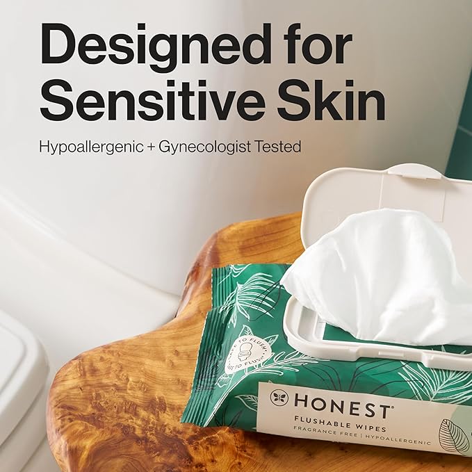 The Honest Company Flushable Wipes for Sensitive Skin, Fragrance-Free Hypoallergenic pH-Balanced Feminine Wipes, 99% Water Safe-to-Flush Wipes, Tropical Leaves, 126 Count