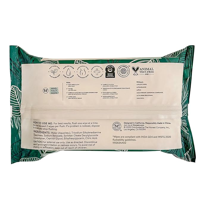 The Honest Company Flushable Wipes for Sensitive Skin | Fragrance Free, Hypoallergenic, 99% Water, Safe to Flush | pH Balanced Feminine Wipes | Tropical Leaves, 42 Count