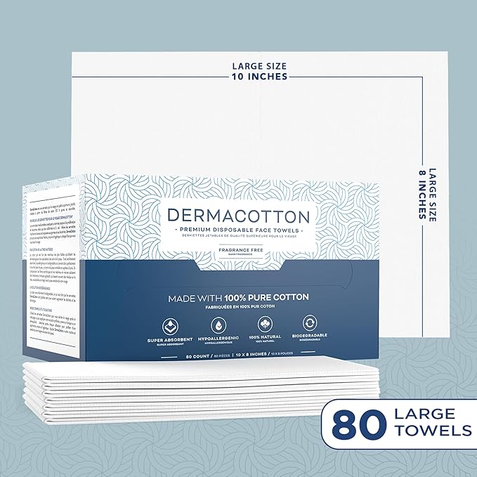 80 Disposable Towels - Pure Cotton, 100% Biodegradable, Hypoallergenic for Face Wash and Makeup Removal – Super Soft Face Wipes, Sensitive Skin, Facial Cloths