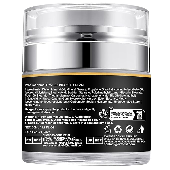 100% Organic 1.5% Hyaluronic Acid Cream – Hydrating, Anti-Aging & Sensitive Skin Moisturizer – 50ml / 1.7 fl oz, Natural Facial Cream for Deep Hydration, Skin Repair, and Gentle Nourishment.