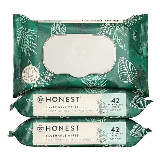 The Honest Company Flushable Wipes for Sensitive Skin, Fragrance-Free Hypoallergenic pH-Balanced Feminine Wipes, 99% Water Safe-to-Flush Wipes, Tropical Leaves, 126 Count