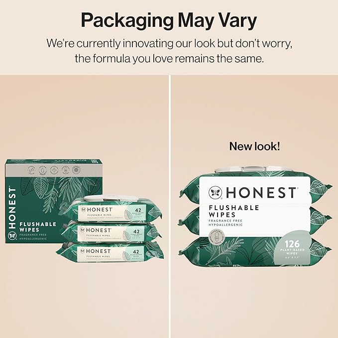 The Honest Company Flushable Wipes for Sensitive Skin, Fragrance-Free Hypoallergenic pH-Balanced Feminine Wipes, 99% Water Safe-to-Flush Wipes, Tropical Leaves, 126 Count