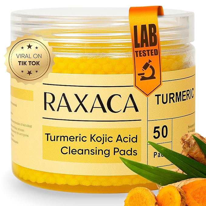 Turmeric Kojic Acid Cleansing Pads, 50 Pcs Kojic Acid And Turmeric Cleansing Pads for All Skin Types, Exfoliating Cotton Rounds, Dark Spots Remover for Face, Deep Clean Pores