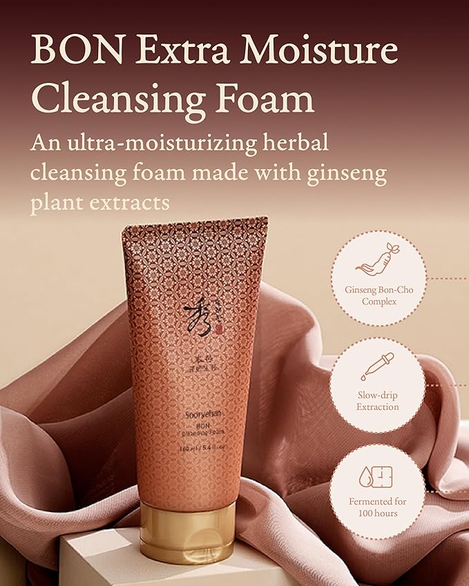 Sooryehan Bon Cleansing Foam (5.4fl oz) - Korean Skincare Herbal Ginseng Cleanser for Hydration & vitality, Reduces Tightness & Dullness. with Jinseng Soapberry™ & Ginseng Bonchodan
