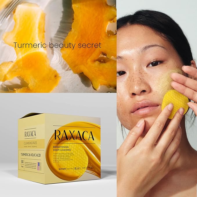 Turmeric Kojic Acid Cleansing Pads, 50 Pcs Kojic Acid And Turmeric Cleansing Pads for All Skin Types, Exfoliating Cotton Rounds, Dark Spots Remover for Face, Deep Clean Pores
