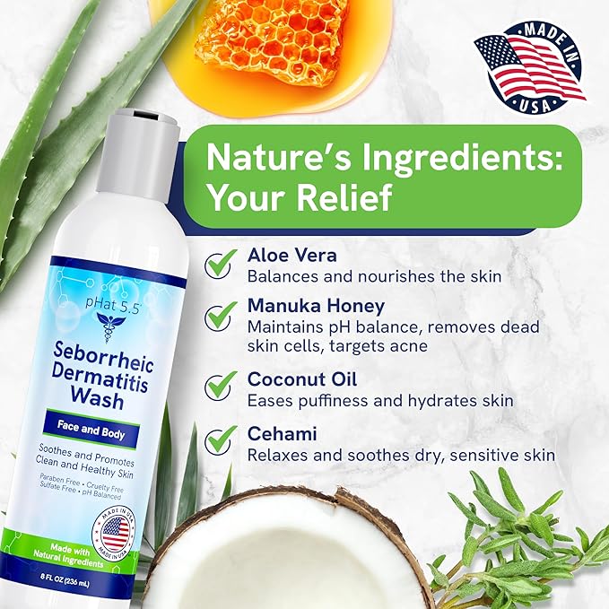 Seborrheic & Atopic Dermatitis Gentle Face Wash with Manuka Honey - Natural & Organic Face Cleanser & Body Wash For Sensitive Skin - Hypoallergenic, Paraben Free & Sulfate Free Acne Face Wash (8oz)