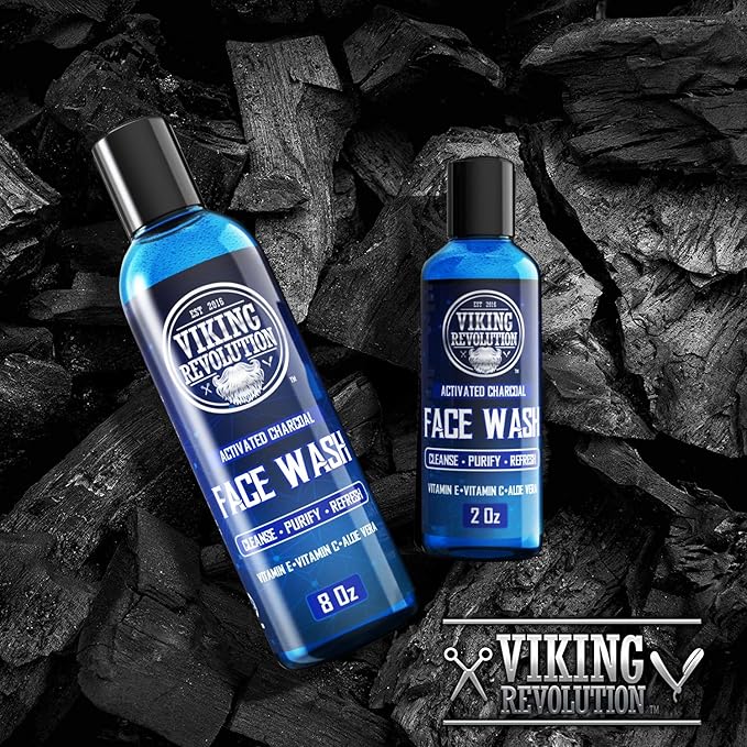 Viking Revolution Charcoal Face Wash for Men- Scrub Away Dirt and Toxins, Skin Cleaning Agent - Cleanse, Purify and Refresh - Daily Charcoal Facial Cleanser - 8 Fl Oz plus a 2 Fl Oz, 2 Piece Set
