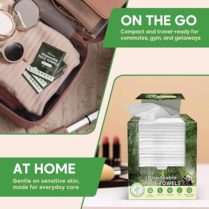XL Disposable Face Towels - 75 Ct. + 6 Travel Face Wipes - 10"x12" Dry, Super Soft & Absorbent Facial Cleansing Wash Cloths & Clean Towelettes - 100% Biodegradable Bamboo Washcloths & Makeup Remover