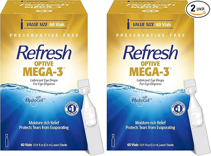 Refresh Optive MEGA-3 Lubricant Eye Drops Preservative-Free Artificial Tears, 0.01 fl oz (0.4 mL), 60 Single-Use Containers (Pack of 2)