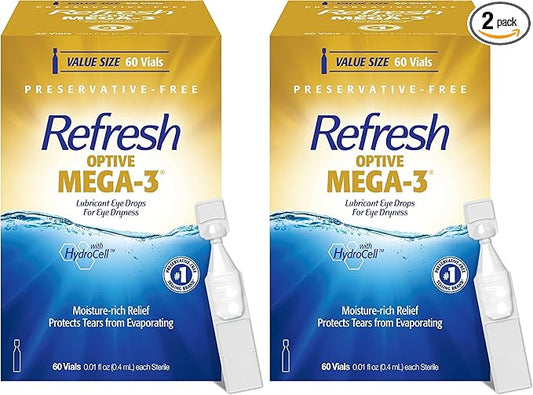 Refresh Optive MEGA-3 Lubricant Eye Drops Preservative-Free Artificial Tears, 0.01 fl oz (0.4 mL), 60 Single-Use Containers (Pack of 2)