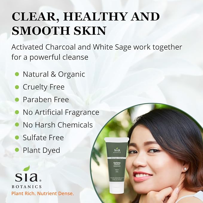 Sia Botanics Clarifying Facial Cleanser (74ml/2.5oz Eco Tube) | Face Wash w/White Sage, Activated Charcoal, Tea Tree | Natural, Clean, Botanical Skincare for Women
