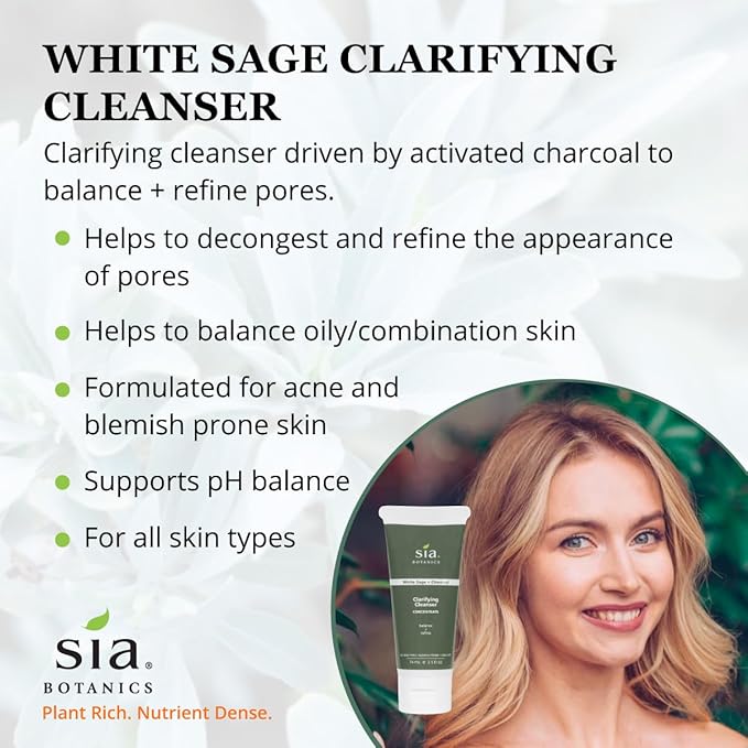 Sia Botanics Clarifying Facial Cleanser (74ml/2.5oz Eco Tube) | Face Wash w/White Sage, Activated Charcoal, Tea Tree | Natural, Clean, Botanical Skincare for Women