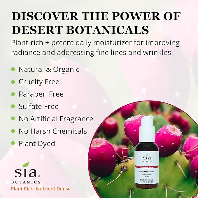 Sia Botanics Prickly Pear Daily Facial Moisturizer - SPF 30 (59ml/2oz Pump Bottle) | Face Sunscreen w/Prickly Pear, Sweet Orange, Lavender | Natural, Clean, Botanical Skincare for Women
